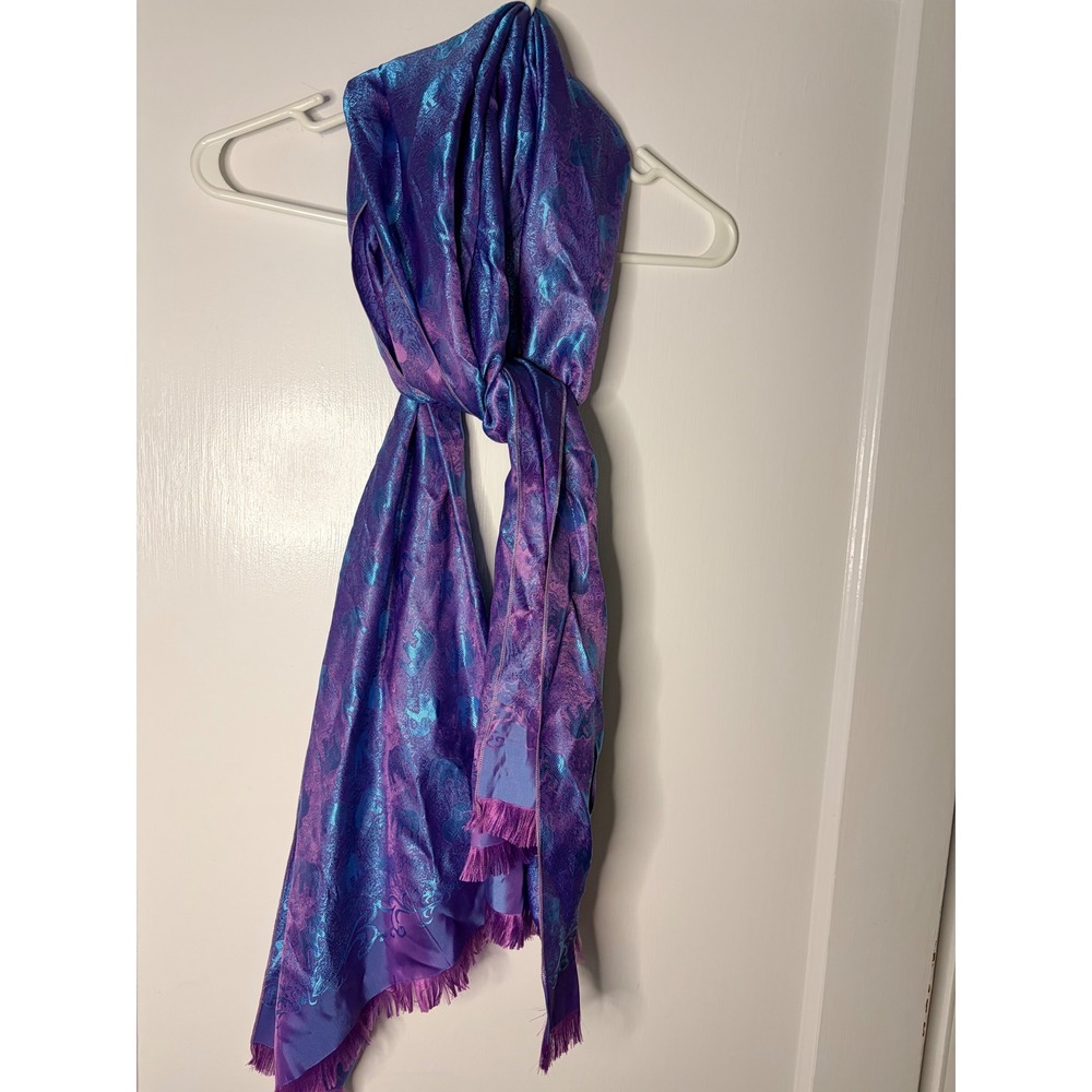 Iridescent Purple Turquoise 100% Silk Paisley Pashmina Shawl Scarf Fringe Wrap